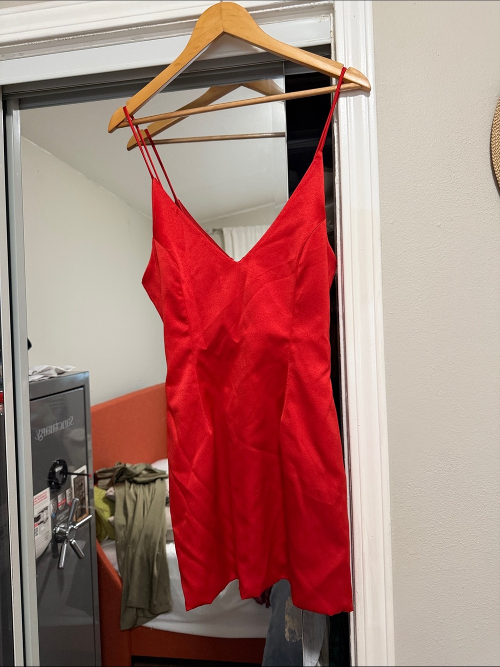 Red Satin Slip Dress - V-Neck Spaghetti Strap